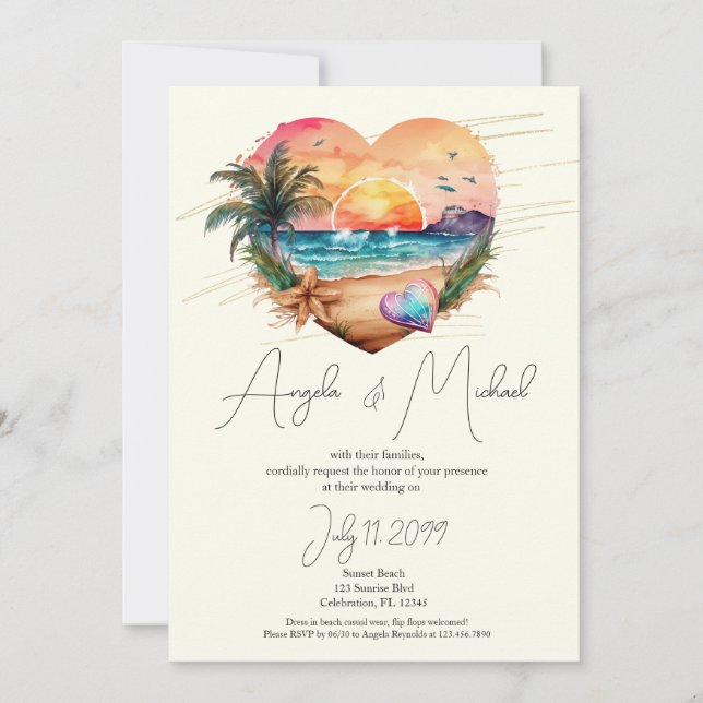 Watercolor Hawaii Beach Sunset Heart Wedding Invitation (Front)