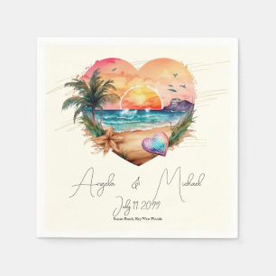 Watercolor Hawaii Beach Sunset Heart Wedding Napkin