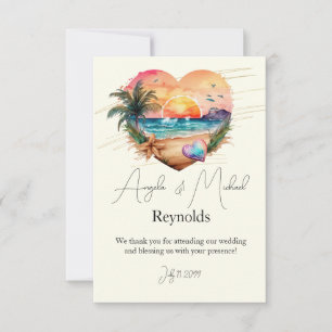 Watercolor Hawaii Beach Sunset Heart Wedding Thank You Card