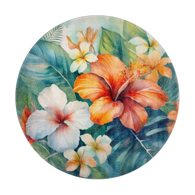 Watercolor Hawaiian Garden Tropical Hibiscus Cutting Board (Front)