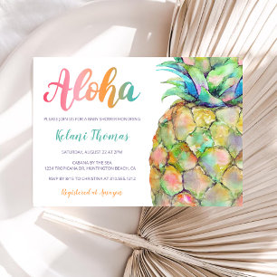 Watercolor Hawaiian Pineapple Aloha Baby Shower Invitation