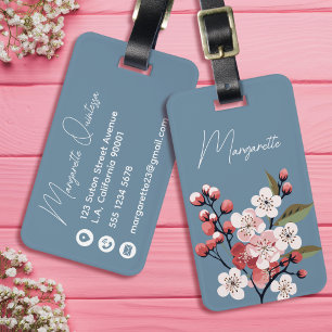 Watercolor hawthorn Flowers Blue and White Script Luggage Tag