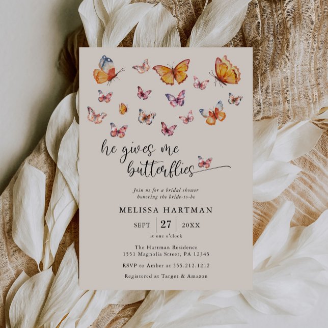 Watercolor He Gives Me Butterflies Bridal Shower Invitation (Creator Uploaded)
