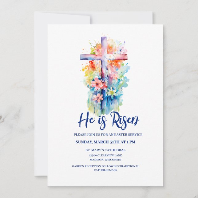 Watercolor He is Risen Religious Easter Floral Invitation (Front)
