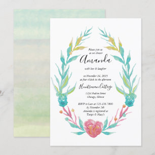 Watercolor Heart and Leaves Wreath Bridal Shower Invitation