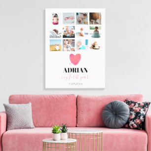 Watercolor Heart Baby's First Year Photo Collage Canvas Print