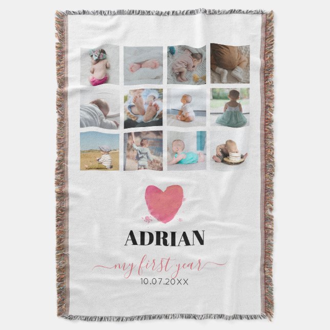 Watercolor Heart Baby's First Year Photo Collage Throw Blanket (Front Vertical)