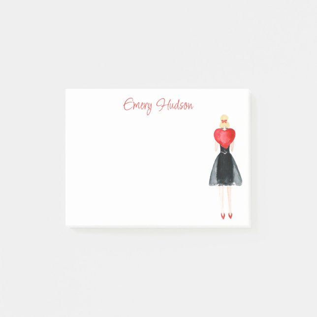 Watercolor Heart Fashion Girl Post-it Notes (Front)