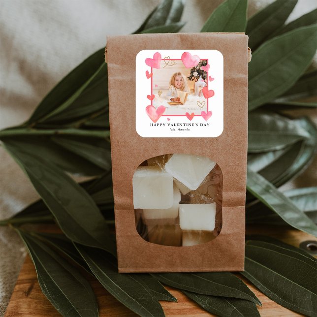 Watercolor Heart Frame Photo Valentine's Square Sticker (Personalize your Valentine's Day treats this year with these cute pink watercolor heart border.)