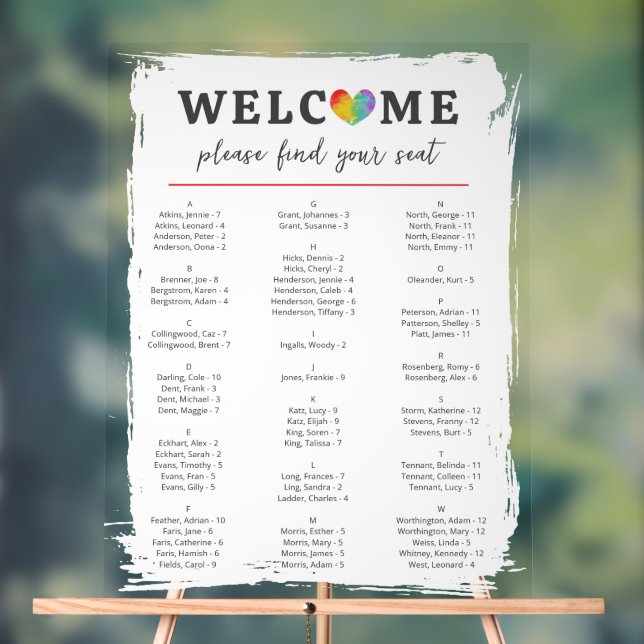 Watercolor Heart Gay Lesbian Wedding Seating Chart (Neutral)