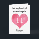 Watercolor Heart Happy 11th Birthday Granddaughter Card<br><div class="desc">A personalized heart 11th birthday card for granddaughter that features a watercolor heart. You can personalize the heart with the age you need and add her name underneath the heart. The inside card message reads a heartfelt birthday message, which you can easily personalize if wanted. The back of this heart...</div>
