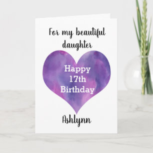 Watercolor Heart Happy 17th Birthday Daughter Card