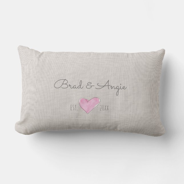Watercolor Heart Love Couple NAMES Est. YEAR  Lumbar Cushion (Front)