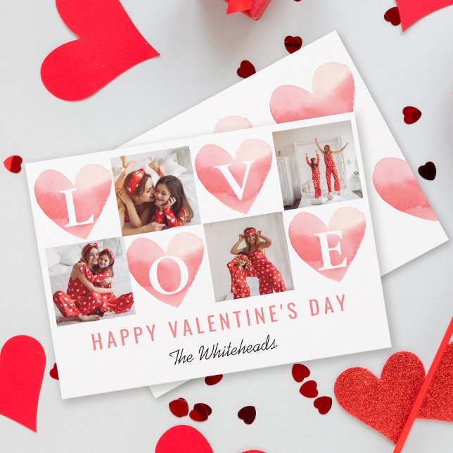 Watercolor Heart Love Photo Collage Valentine's Holiday Card (Send some love to the people you know for Valentine's with this beautiful photo collage card.)