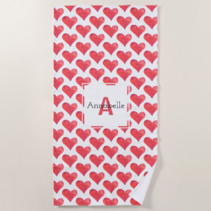 Watercolor Heart Pattern Personalised Monogram Red Beach Towel