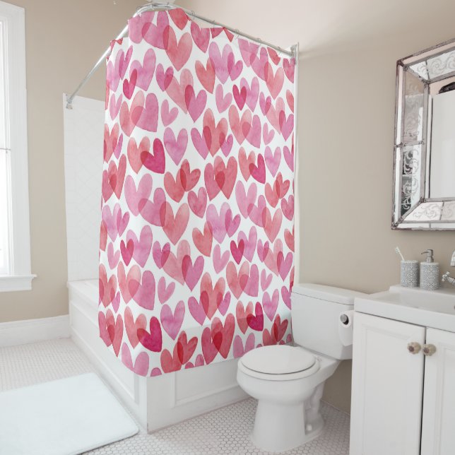 Watercolor Heart Pattern Shower Curtain (In Situ)