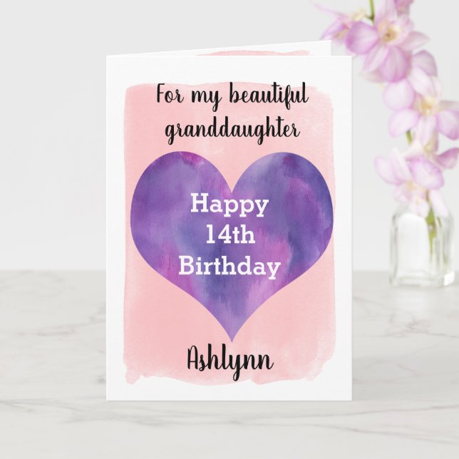Watercolor Heart Pink and Purple 14th Birthday Card (Orchid)