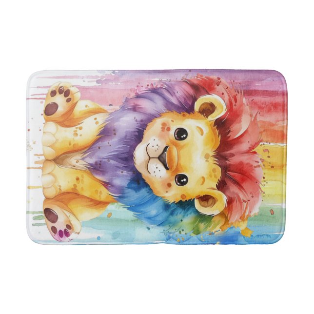 Watercolor Heart Shape Colourful Lion  Bath Mat (Front)