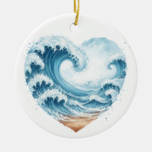 WATERCOLOR HEART SHAPED WAVES ON THE BEACH CERAMIC TREE DECORATION