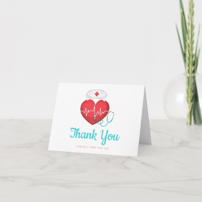Watercolor Heart Stethoscope Nurse Hat Thank You Card (Front)