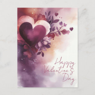 Watercolor Hearts and Flowers Valentine's Greeting Postcard