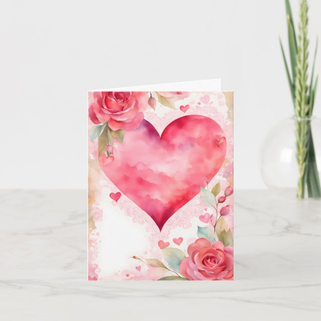 Watercolor Hearts and Roses Romantic Valentine Holiday Card (Front)