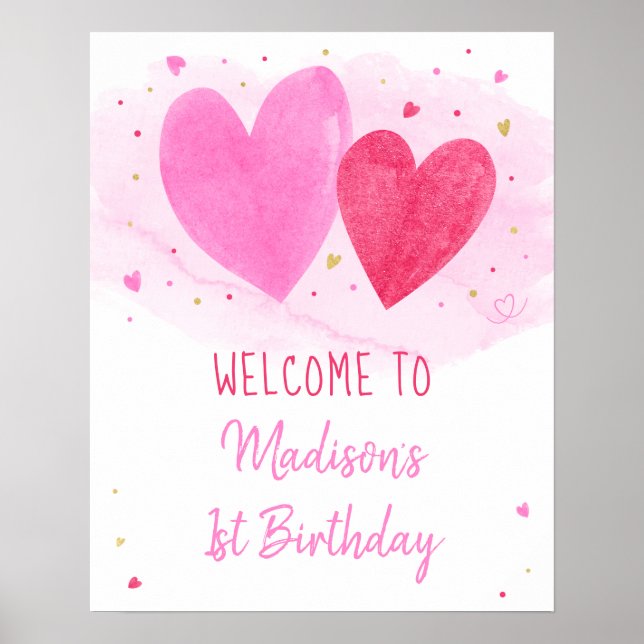 Watercolor Hearts Birthday Welcome Poster (Front)