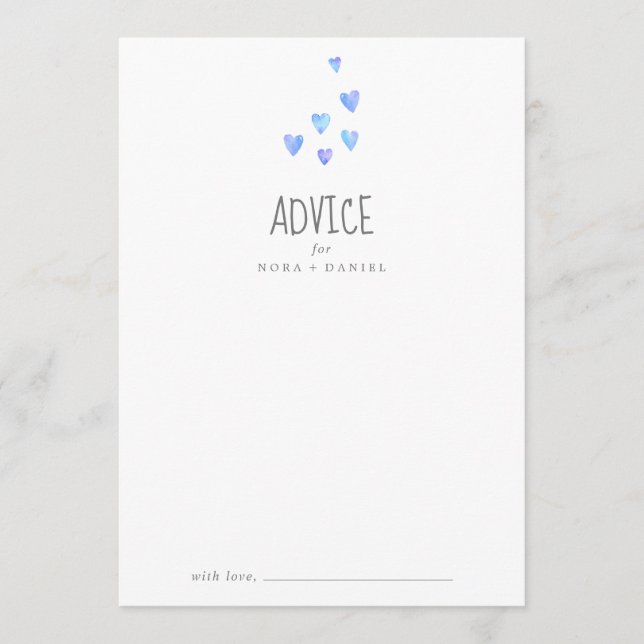 Watercolor Hearts Boy Baby Shower Advice Card (Front)