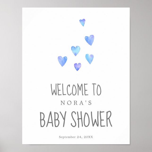 Watercolor Hearts Boy Baby Shower Welcome Poster (Front)