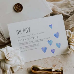 Watercolor Hearts Boy Horizontal Oh Baby Shower Invitation