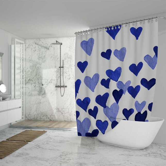 Watercolor hearts burst in blue shower curtain (Creator Uploaded)