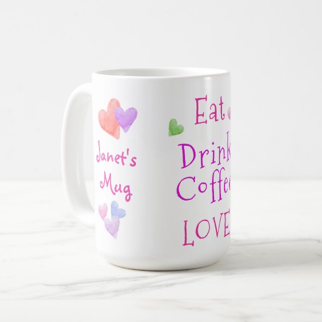 Watercolor Hearts EAT Drink Coffee LOVE Coffee Mug (Front Left)