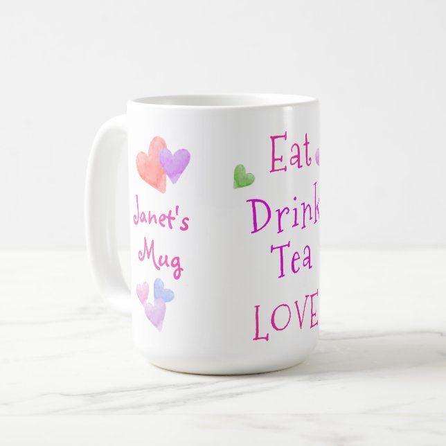 Watercolor Hearts EAT Drink Tea LOVE Coffee Mug (Front Left)