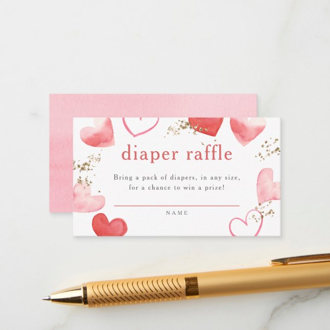 Watercolor Hearts Girl Baby Shower Diaper Raffle Enclosure Card (Front/Back In Situ)