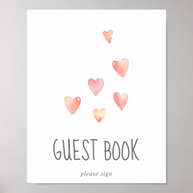 Watercolor Hearts Girl Baby Shower Guest Book Sign (Front)