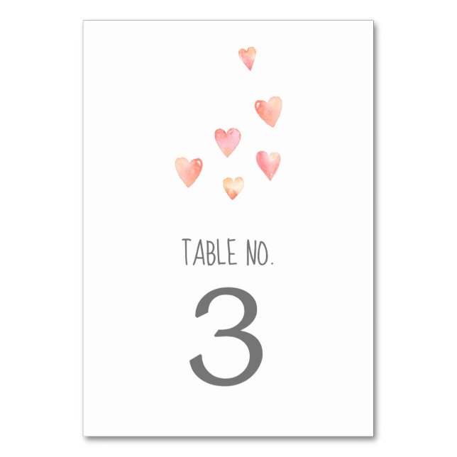 Watercolor Hearts Girl Baby Shower Table Number (Front)
