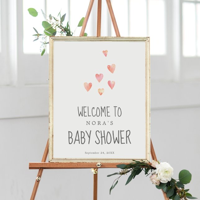 Watercolor Hearts Girl Baby Shower Welcome Poster (Creator Uploaded)