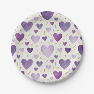 Watercolor Hearts & Gold Sprinkles Whimsical Paper Plate