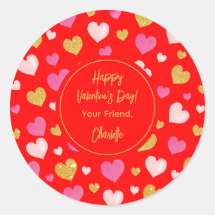 Watercolor Hearts Happy Valentines Day Red Classic Round Sticker