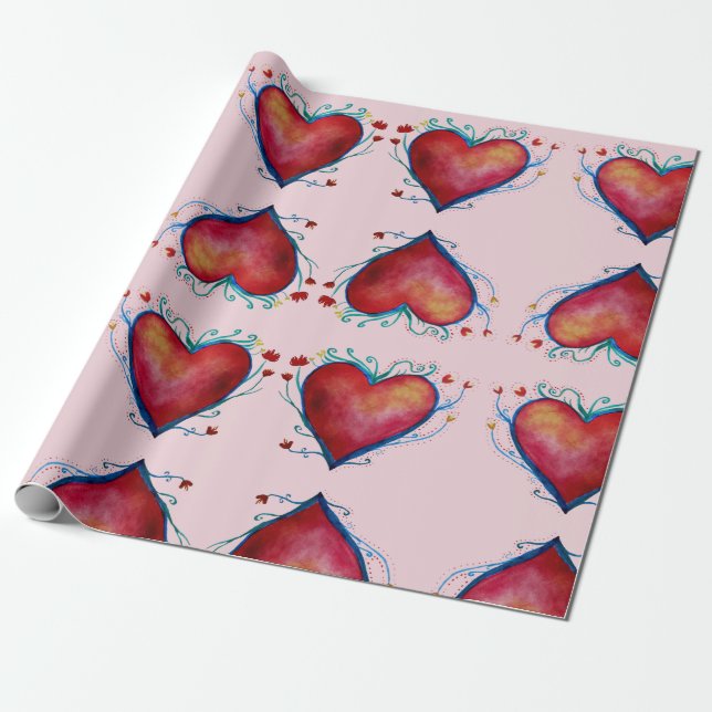 Watercolor Hearts Heart Wrapping Paper (Unrolled)