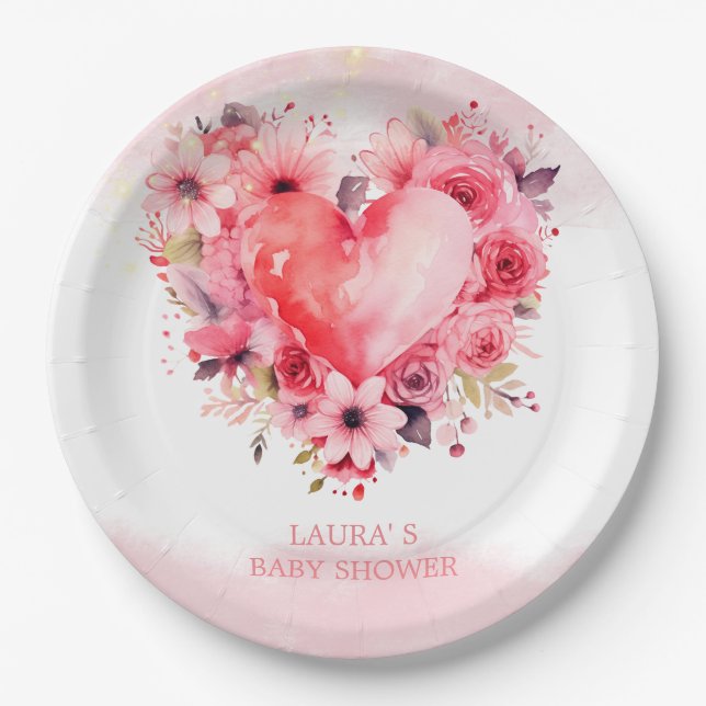 Watercolor Hearts Little Sweetheart Baby Shower Paper Plate (Front)
