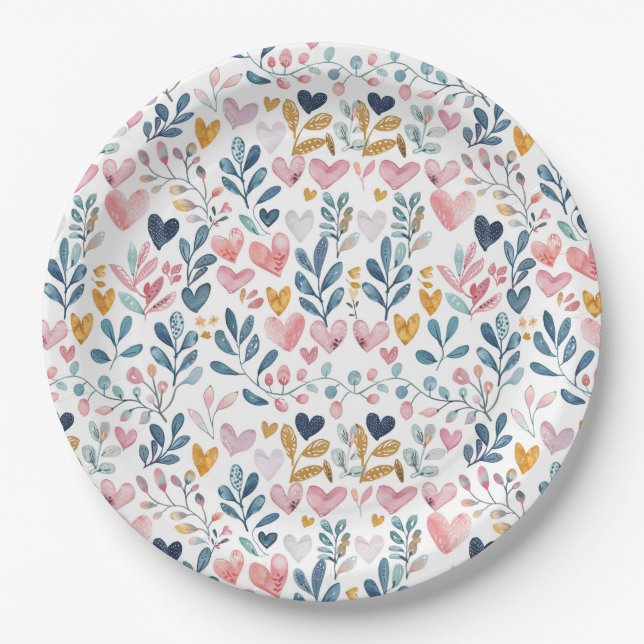 Watercolor hearts paper plate (Front)