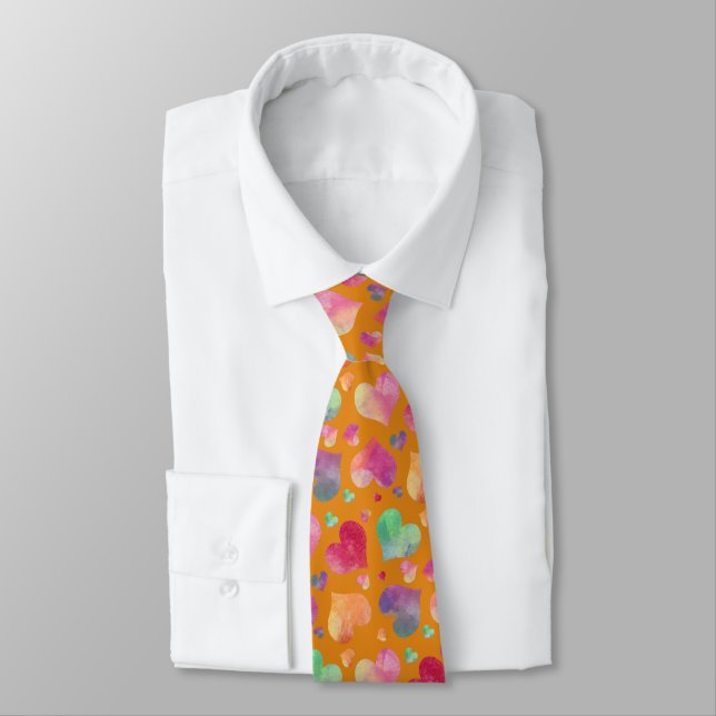 Watercolor Hearts Pattern Orange  Tie (Tied)