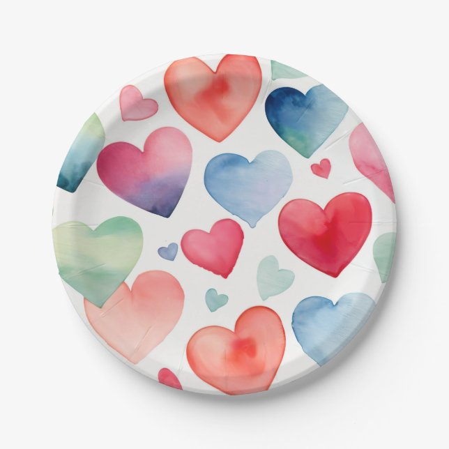Watercolor hearts pattern paper plate (Front)