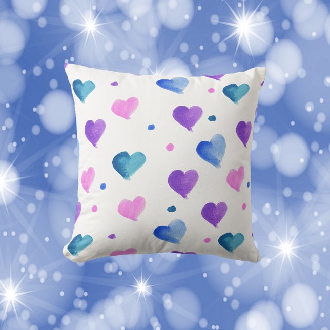 Watercolor Hearts Pattern Pink Blue Purple Cushion (A pillow with a pattern of water color hearts and dots in pink, blue and purple.)