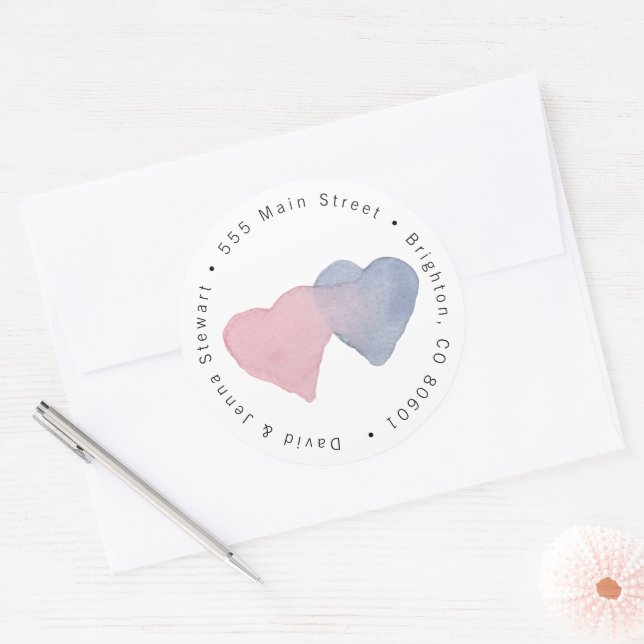 Watercolor Hearts Round Address Label Sticker (Envelope)