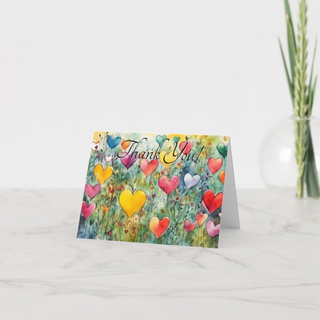 Watercolor Hearts Thank You Greeting Card (Front)