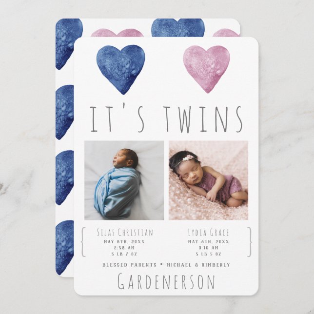 Watercolor Hearts Twins Announcement (Front/Back)