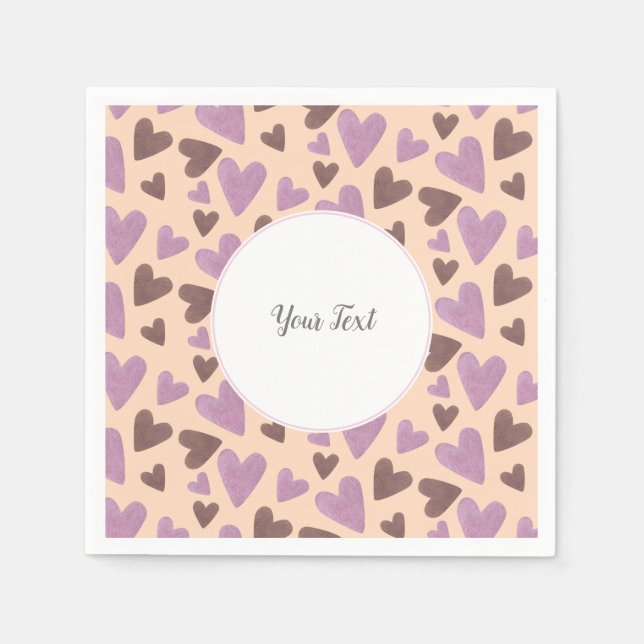 Watercolor Hearts Valentines Day Party Brown Pink Napkin (Front)