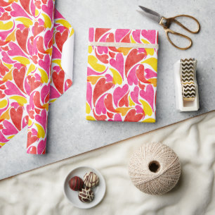 Watercolor Hearts Valentines Love Pink Red Yellow Wrapping Paper